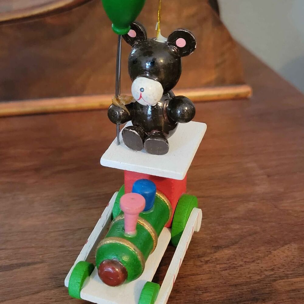 Vintage Wooden Train and Bear with Balloons Ornament